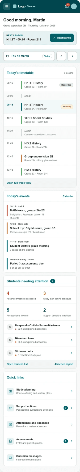Teacher home dashboard, mobile