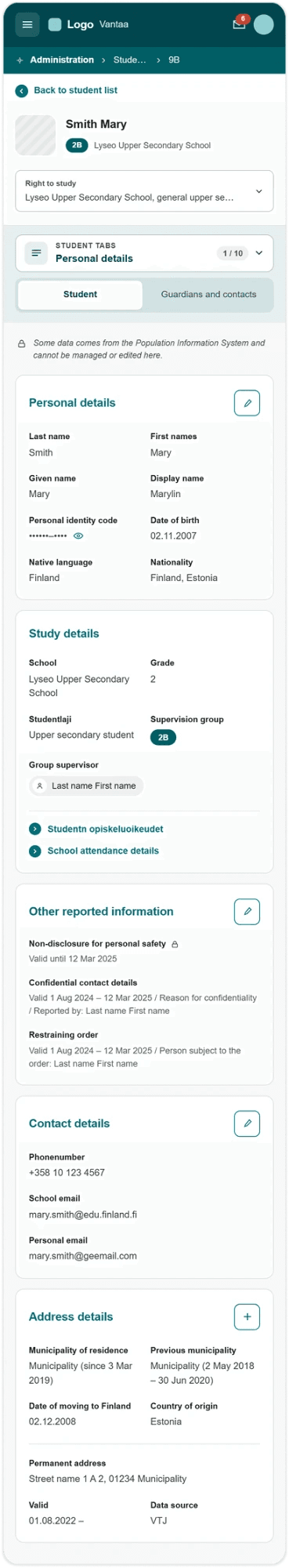 Student administration detail, mobile