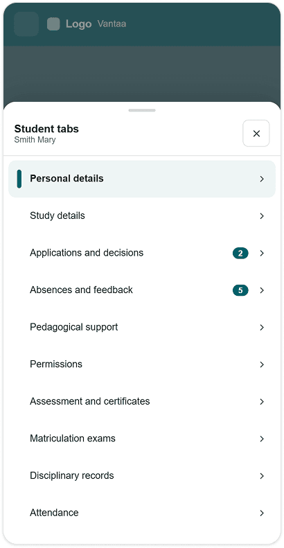 Student tabs menu, mobile