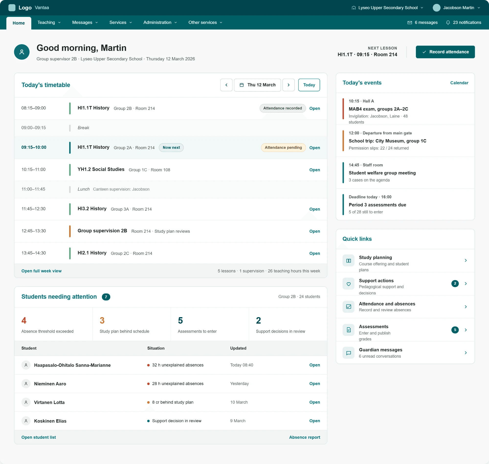 Teacher home dashboard